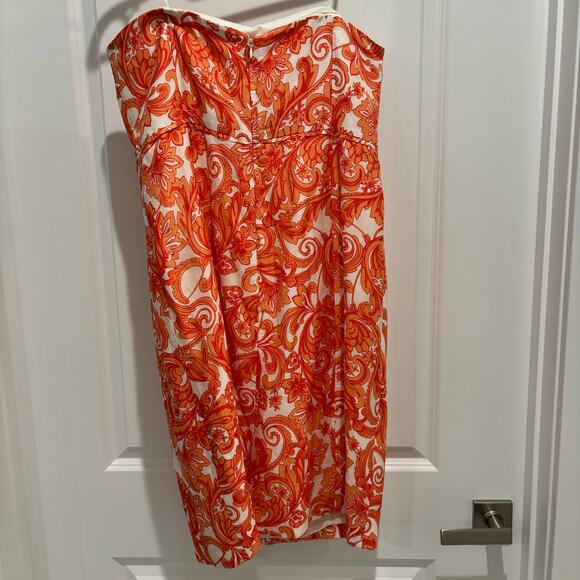 JCrew Collection Orange Paisley Silk and Linen Size 12 Strapless Dress EUC - Picture 1 of 7